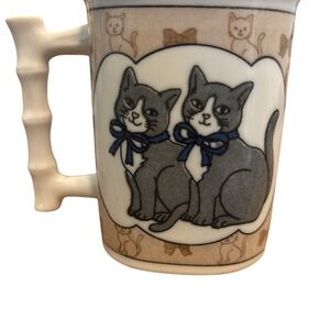 Gray Cat Pair Ceramic Mug with Blue Bows